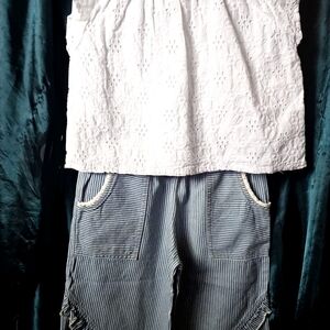 White Eyelet Top and Striped Shorts Set